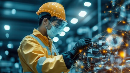 Poster - a worker on a production line wearing safety gear, inspecting machinery for defects, highlighting th