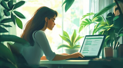 Poster - a young woman researching sustainable investment options on her laptop.