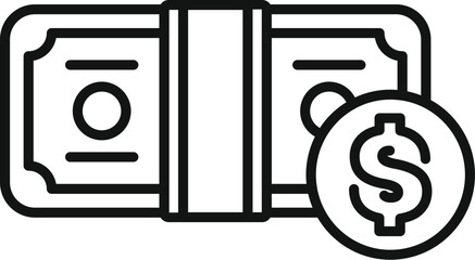Poster - line drawing of a pack of banknotes with a dollar coin, representing savings, investment, and wealth