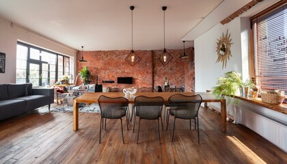 Ai Generate Stylish scandinavian open space with dining and living room with design furniture and family table Bright and sunny room, red bricks wall and brown wooden parquet