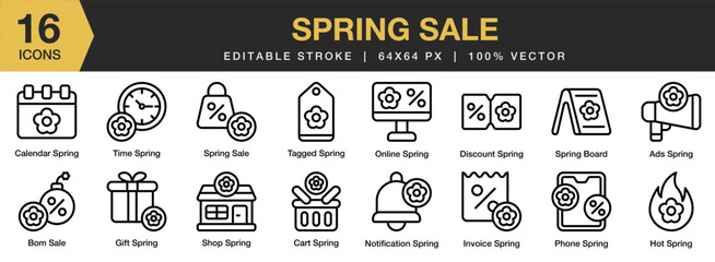 Wall Mural - Spring Sale icon set. Editable Stroke Icon Collection. Includes bomb sale, calendar, cart, discount, gift spring, and More. Outline icons vector collection.