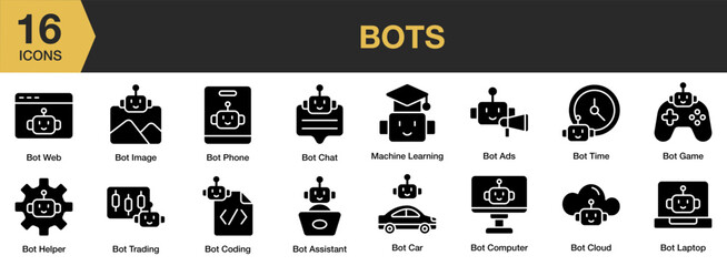 Wall Mural - Bots solid icon set. Includes machine learning, web, trading, time, phone, laptop, and More. Solid icons vector collection.