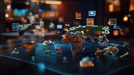 Poster - 3D world map on a dark background with floating icons representing global events