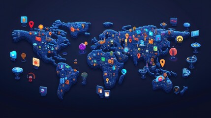 Poster - 3D world map on a dark background with floating icons representing global events