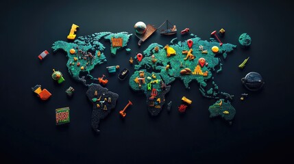 Poster - 3D world map on a dark background with floating icons representing global events