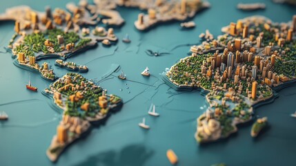 Poster - 3D world map with an emphasis on major metropolitan areas and global hubs