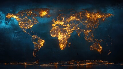 Poster - 3D world map with glowing cities and travel routes, dynamic composition