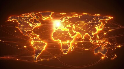 Poster - 3D world map with glowing cities and travel routes, dynamic composition