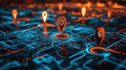 Poster - A high-tech digital world map with floating location markers and dynamic lines