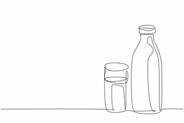 Poster - Single continuous line drawing of fresh cow milk inside bottle and glass. Healthy organic milk concept. Drink milk every day campaign. National Milk Day. One line draw vector graphic design art