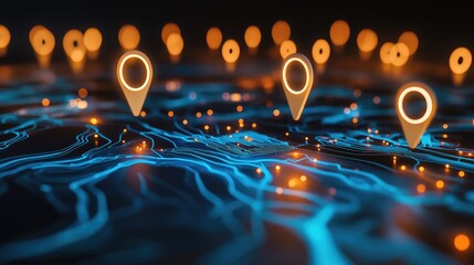 Poster - A high-tech digital world map with floating location markers and dynamic lines