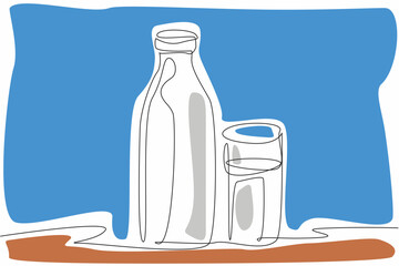 Poster - single continuous line drawing of fresh cow milk inside bottle and glass. healthy organic milk conce