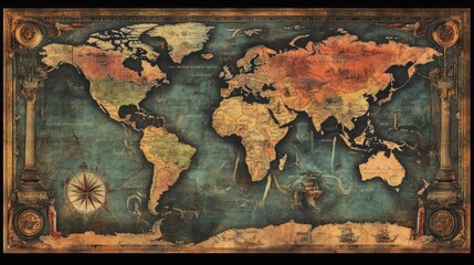 Poster - A retro-styled world map with faded colors and an old-school design