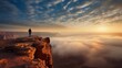 © amai line art - A solitary figure stands on a rocky ledge, overlooking a misty canyon at sunrise.
