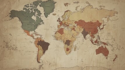 Poster - A retro-styled world map with faded colors and an old-school design