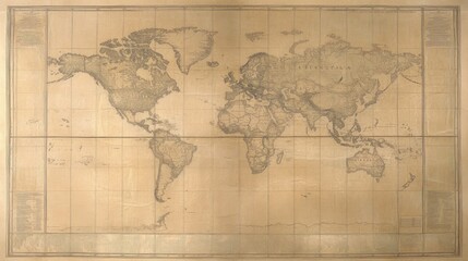 Poster - A world map printed on textured canvas with subtle grid lines and borders