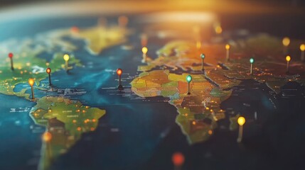 Poster - A world map with digital pins marking major global locations and events