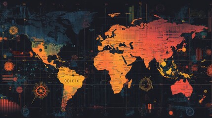 Poster - A world map with global time zones, highlighting each regions clock and data