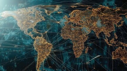 Poster - A world map with pinpoints of major global cities and flight routes across it
