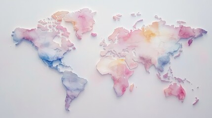 Poster - A world map with soft watercolor textures and pastel continents, abstract design