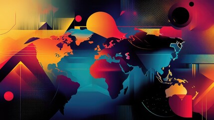 Poster - Abstract world map design using geometric shapes and vibrant colors