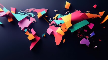Poster - An abstract world map made from floating geometric shapes and vibrant hues