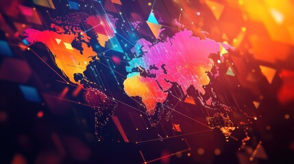 Poster - An abstract world map made from floating geometric shapes and vibrant hues