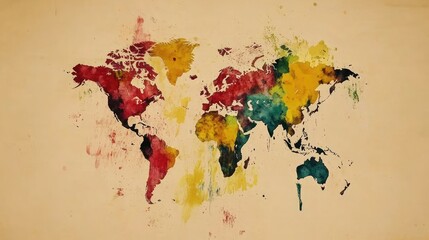 Poster - Artistic world map made of watercolor splashes and brush strokes, colorful style
