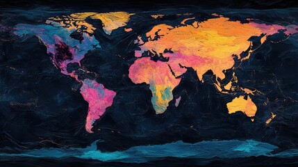 Poster - Artistic world map with brush stroke textures, vibrant colors blending continents