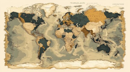 Poster - Detailed world map showing major rivers and mountain ranges, earth-toned colors