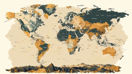 Poster - Detailed world map showing major rivers and mountain ranges, earth-toned colors