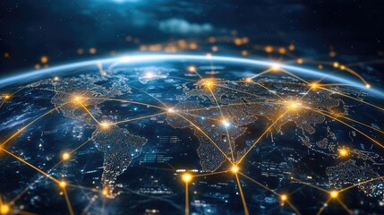 Poster - Digital world map with glowing lines and data points, modern and high-tech look
