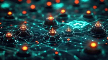 Poster - Digital world map with glowing nodes connected by neon lines, high-tech aesthetic