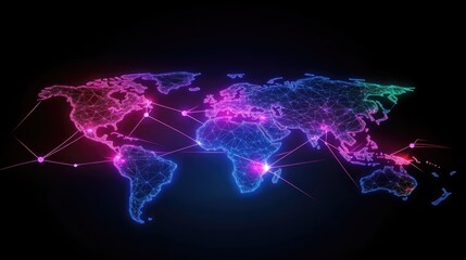 Poster - Digital world map with glowing nodes connected by neon lines, high-tech aesthetic