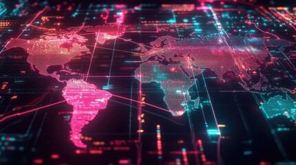 Poster - Digital world map with lines of longitude and latitude glowing in neon colors
