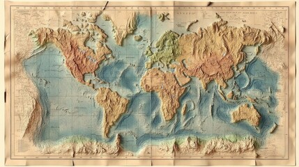 Poster - High-resolution world map with topographic details, showing landforms and elevations