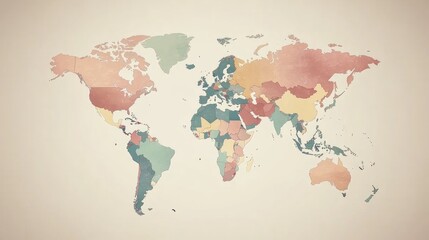 Poster - Simple world map with a muted color palette, showing continents in soft tones