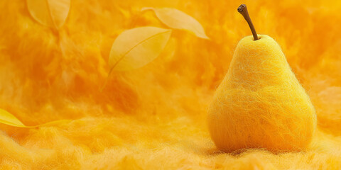 Poster - Yellow felt pear on yellow background with leaves showing autumn concept