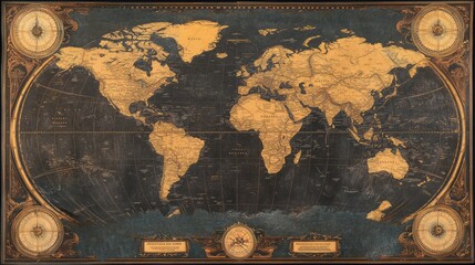 Poster - Vintage world map on a dark fabric texture with soft lighting for a classic look