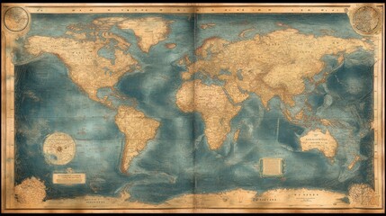 Poster - Vintage world map with antique textures, emphasizing geographical details