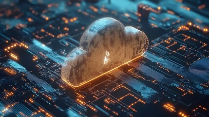 Wall Mural - Neon blue and golden yellow bright 3D cloud on a technology circuitry background