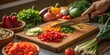 © Justlight - Cooking with Care A hand skillfully chopping fresh vegetables on a ting board showing a variety of colors including rich greens vibrant reds and earthy browns.
