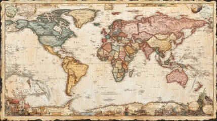 Poster - Vintage world map with antique textures, emphasizing geographical details