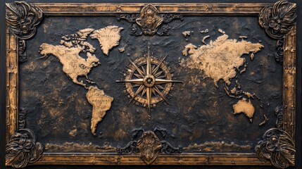 Poster - Vintage world map with intricate compass rose and old-world details