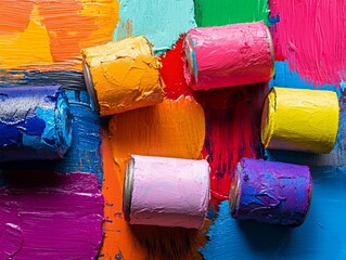 Colorful paint cans arranged on a vibrant paint-splattered surface.