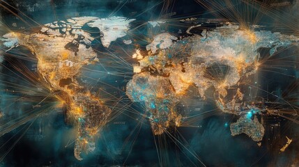Poster - World map featuring trade routes and network connections, high-tech design
