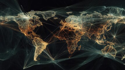 Poster - World map featuring trade routes and network connections, high-tech design