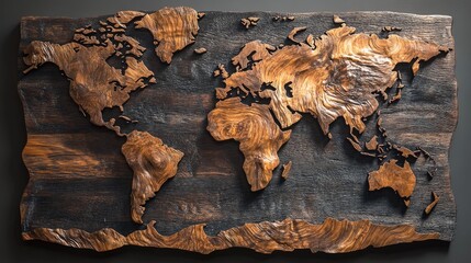 Poster - World map made from natural textures like wood and stone, earthy style