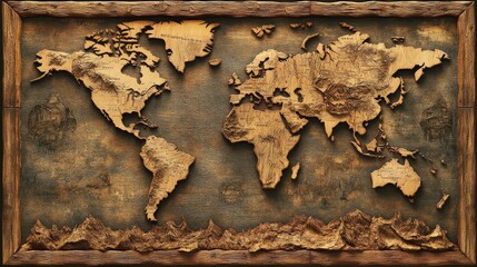 Poster - World map made from natural textures like wood and stone, earthy style