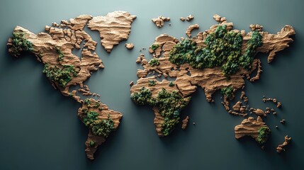 Poster - World map made from natural textures like wood and stone, earthy style